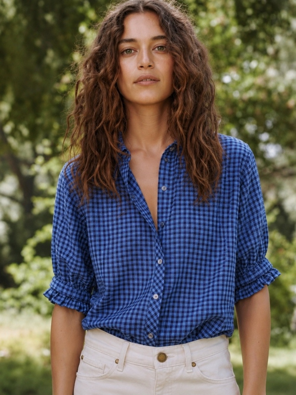 The GREAT. Blue Gingham Check 100% Cotton Button Up Shirt Top WomenS Size 0 / XS